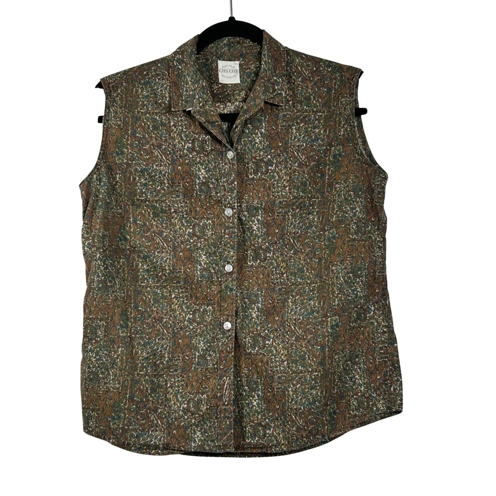 Cos Cob  Top Womens 13/14 Brown Green Paisley Sleeveless Button Down Vintage